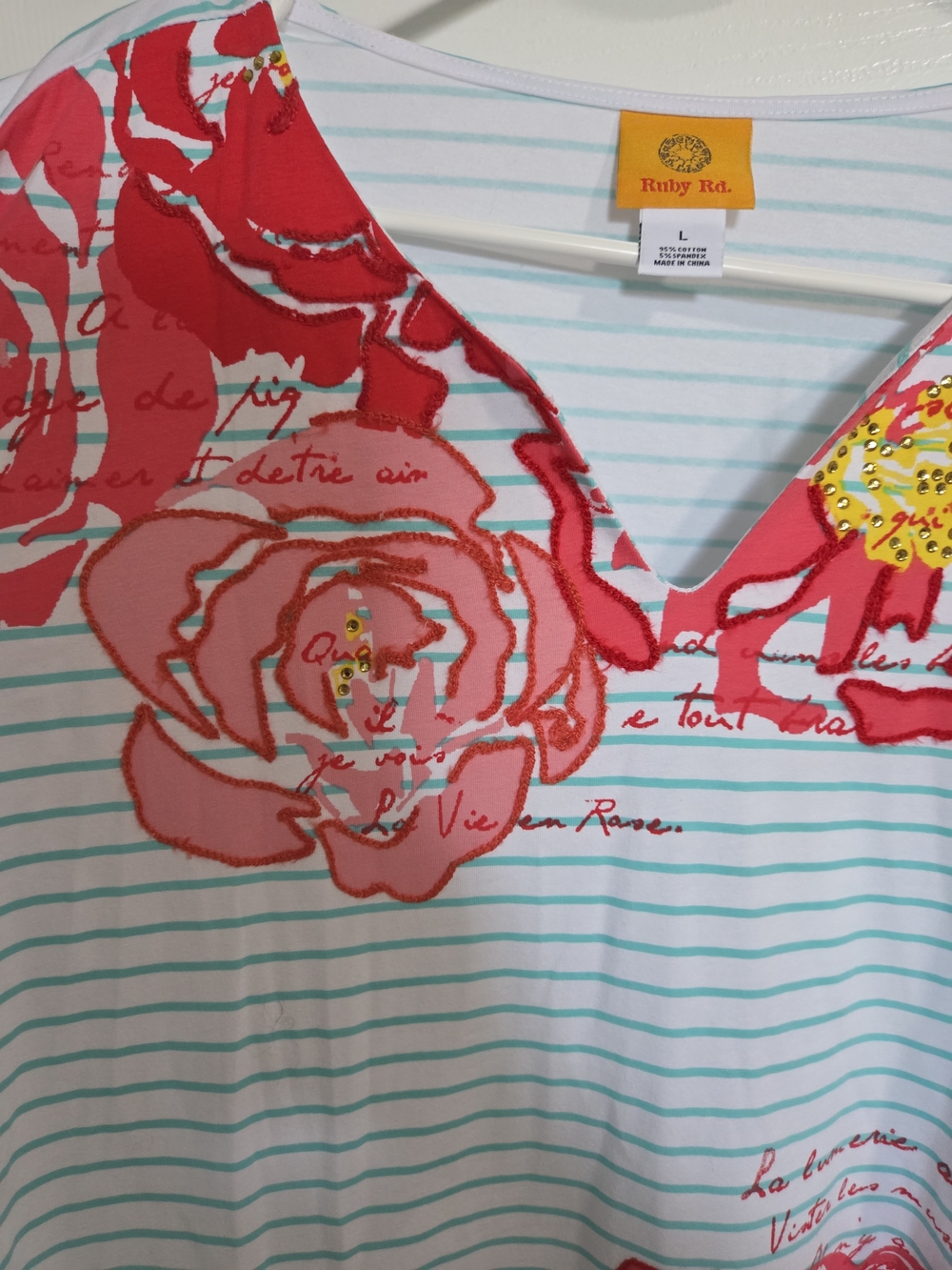 Ruby Rd. Mint-White Striped Long Sleeve Top with Red Floral Accents - Picture 3 of 7